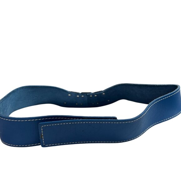 Vintage 80s Blue Leather Wide Statement Waist Belt with Metal Detail Size M/L main image 8